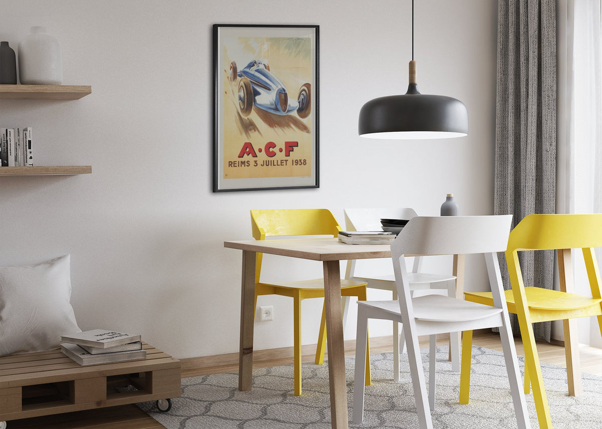 Grand Prix de l'ACF Reims 1938 poster framed above a dining table