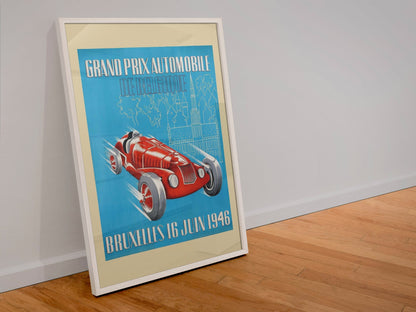 Grand Prix de Belgique Bruxelles 1946 poster in a white frame leaning against a wall
