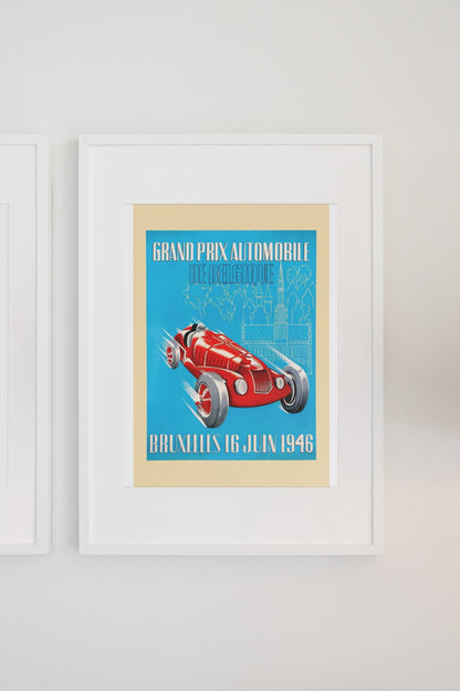 Grand Prix de Belgique Bruxelles 1946 poster in a white frame on a light wall
