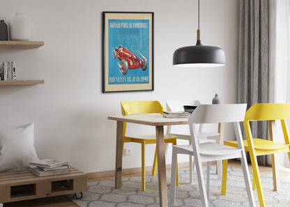 Grand Prix de Belgique Bruxelles 1946 poster framed above a dining table