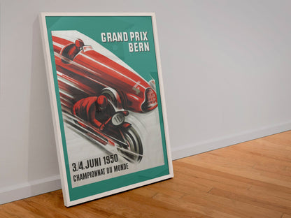 Grand Prix Bern 1950 poster in a white frame leaning against a wall