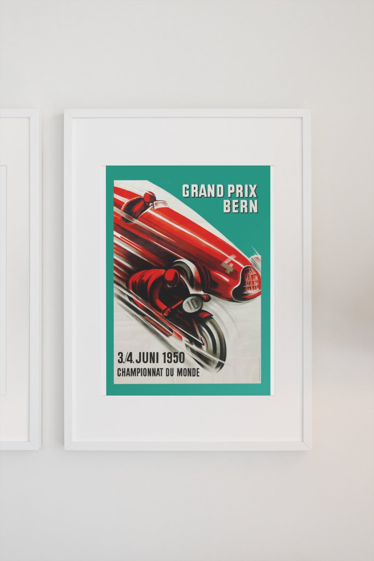Grand Prix Bern 1950 poster in a white frame on a light wall