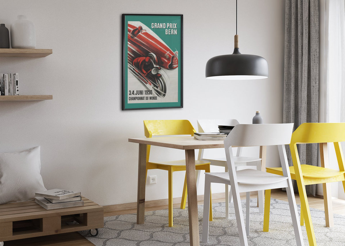 Grand Prix Bern 1950 poster framed above a dining table