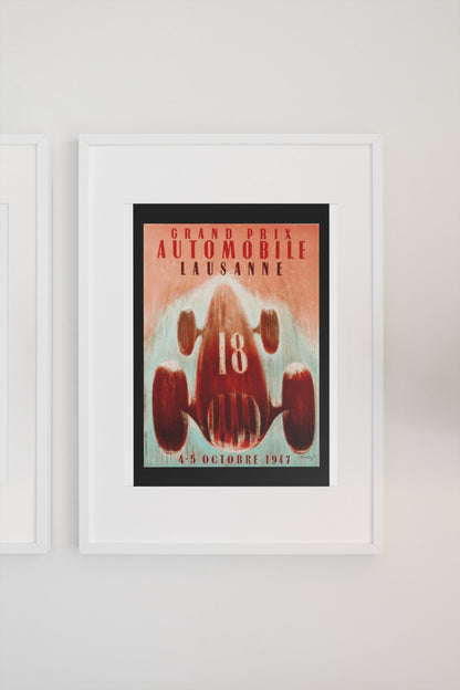Grand Prix Lausanne 1947 poster in a white frame on a light wall
