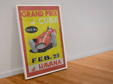 Grand Prix of Cuba Havana poster in a white frame leaning against a wall