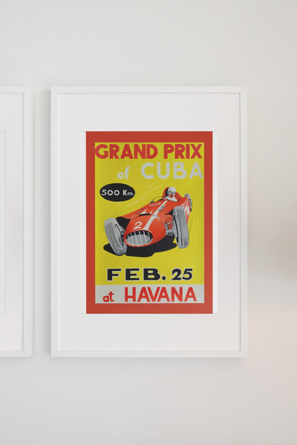 Grand Prix of Cuba Havana poster in a white frame on a light wall