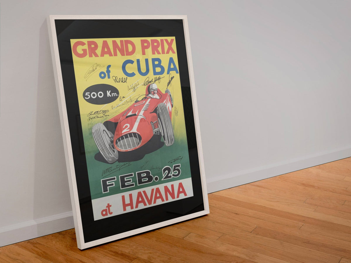 Grand Prix of Cuba Havana (Printed Signatures) poster in a white frame leaning against a wall