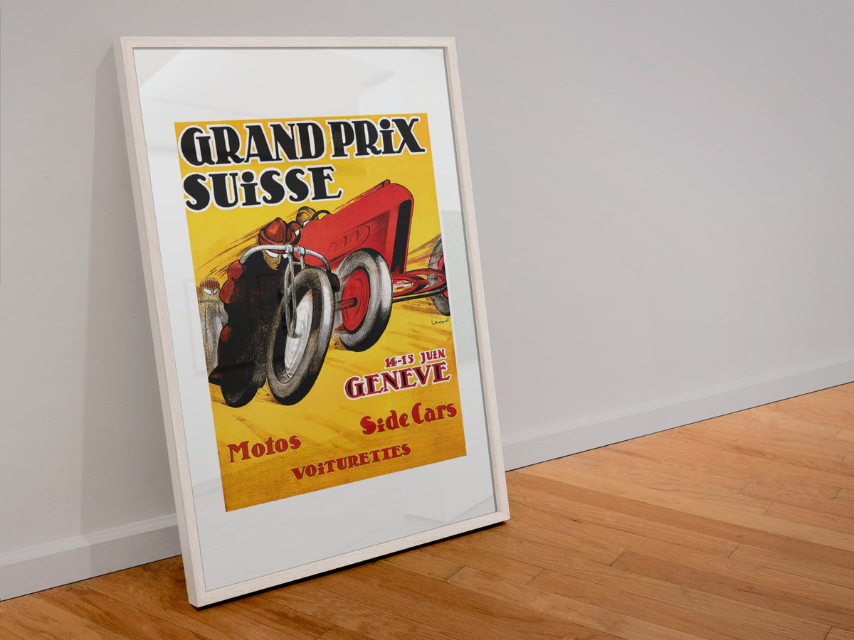Grand Prix Suisse Genève poster in a white frame leaning against a wall