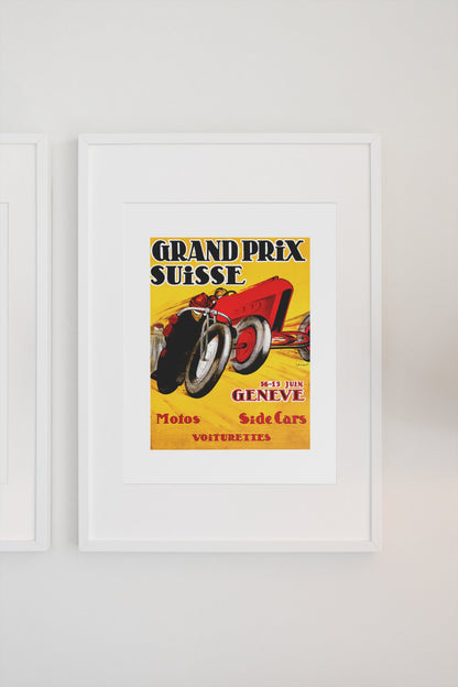 Grand Prix Suisse Genève poster in a white frame on a light wall
