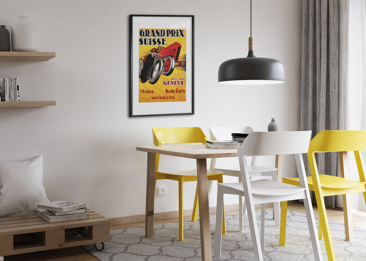 Grand Prix Suisse Genève poster framed above a dining table