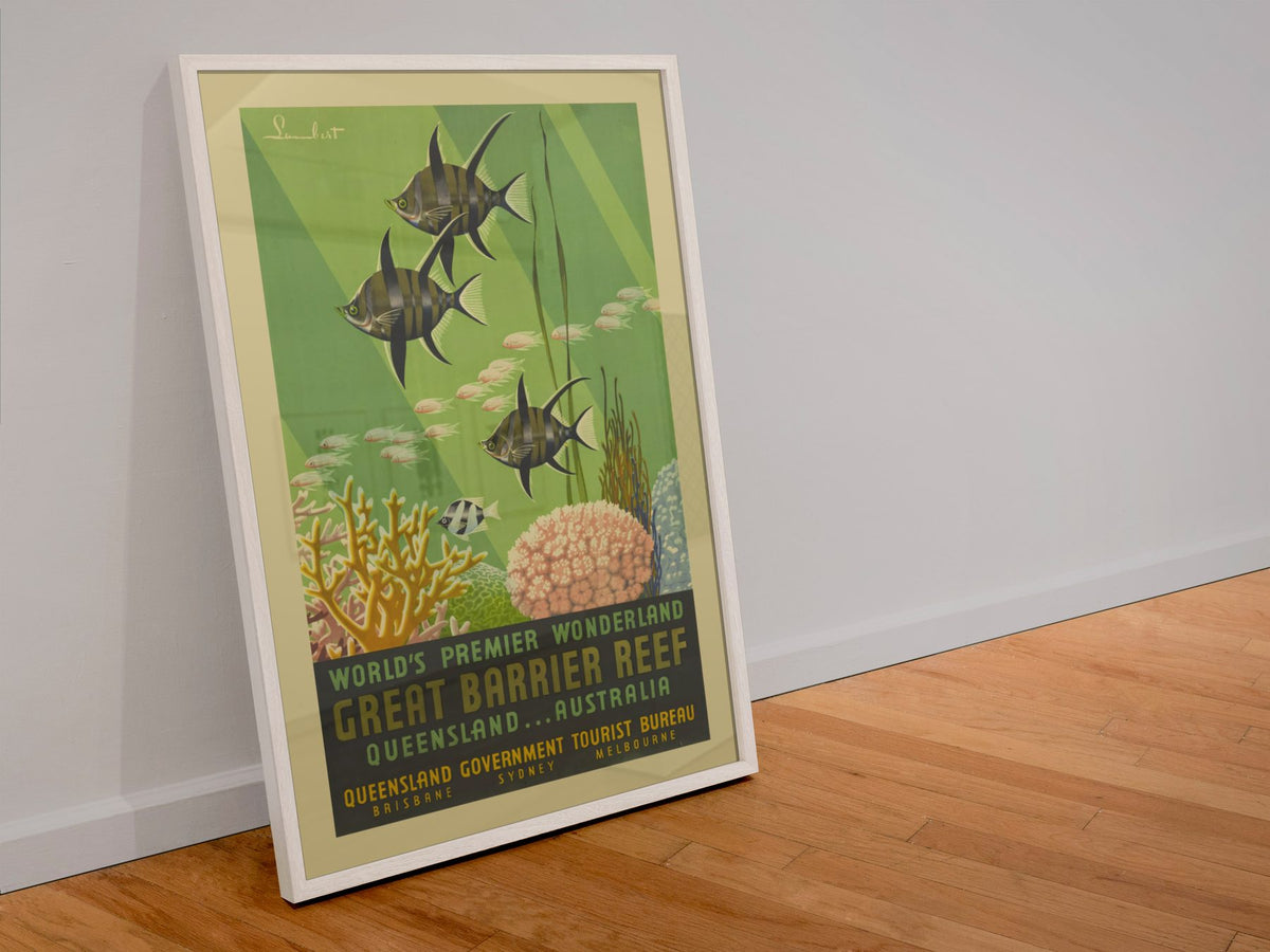 Great Barrier Reef Queensland poster in a white frame leaning against a wall