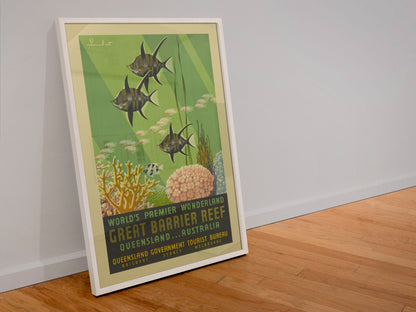Great Barrier Reef Queensland poster in a white frame leaning against a wall