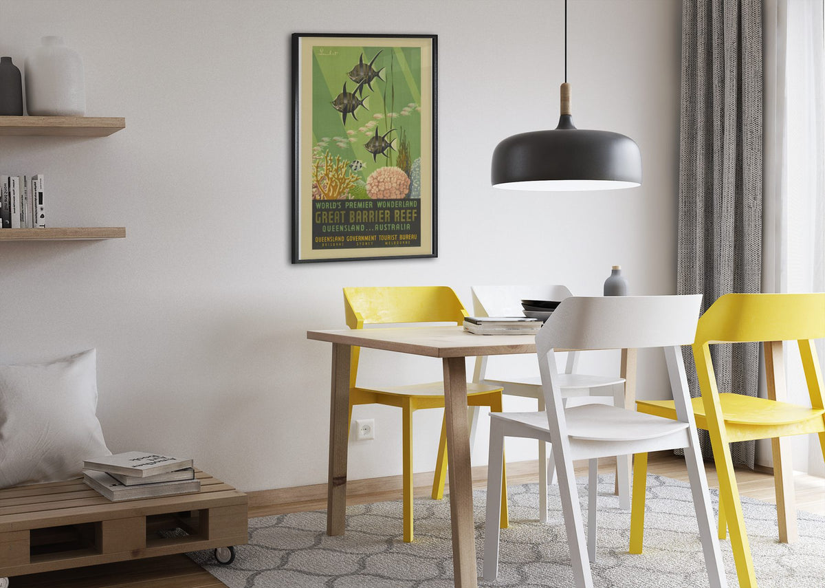 Great Barrier Reef Queensland poster framed above a dining table