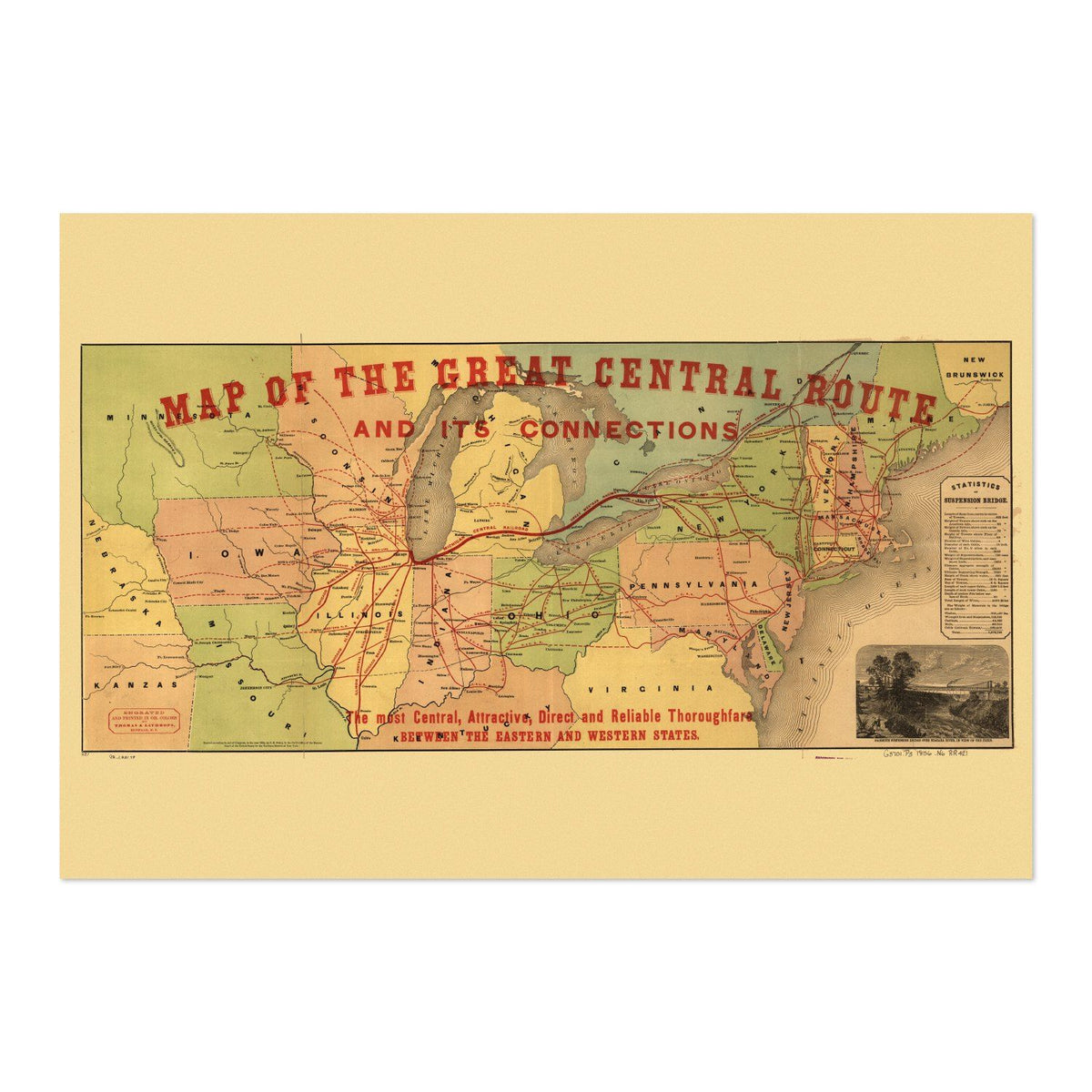 Great Central Route 1850s Railroad Map vintage print