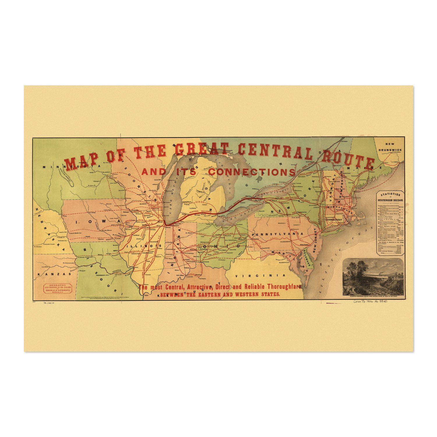 Great Central Route 1850s Railroad Map vintage print