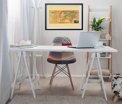 Great Central Route 1850s Railroad Map print framed above a white desk in a home office