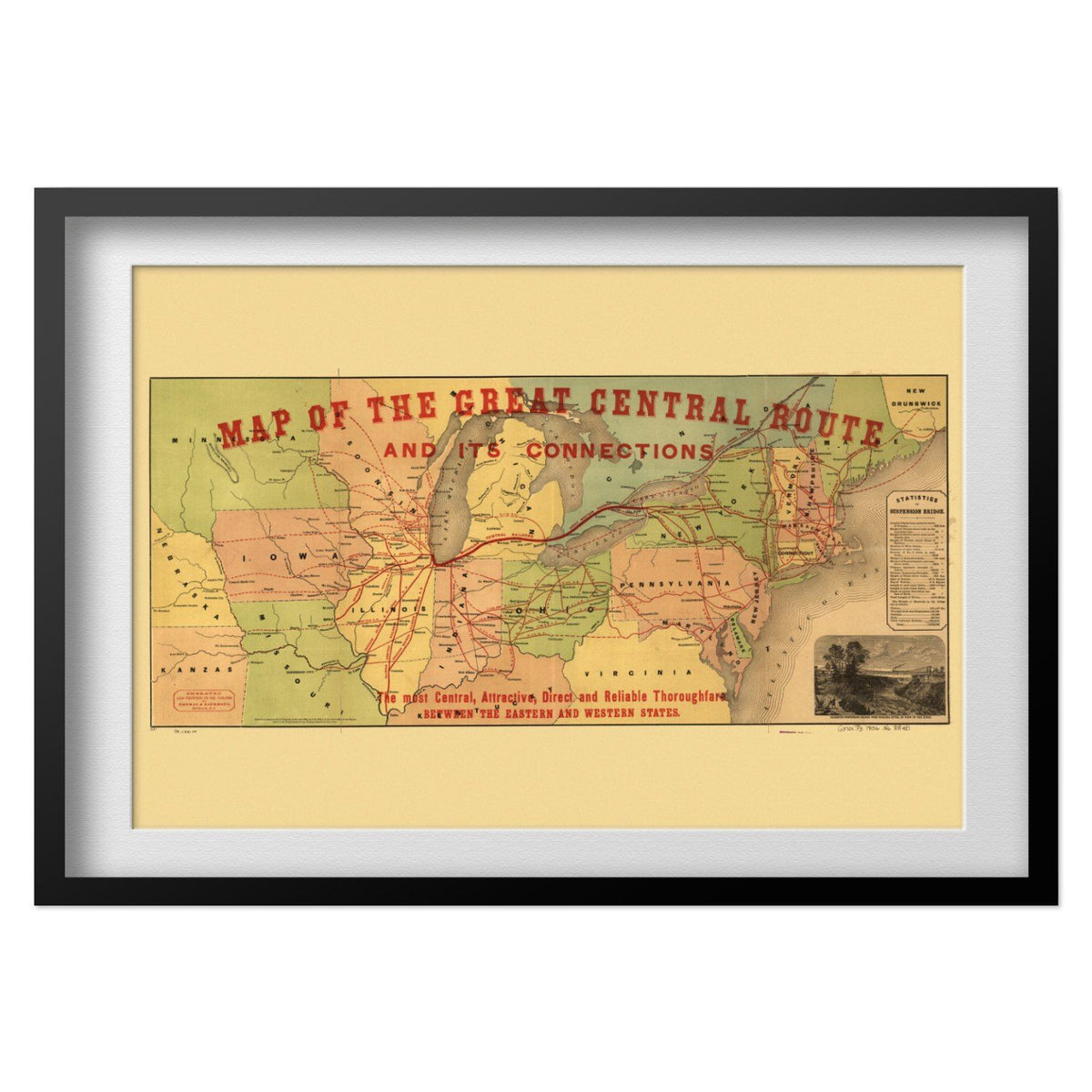Great Central Route 1850s Railroad Map print in a black frame with a white mat