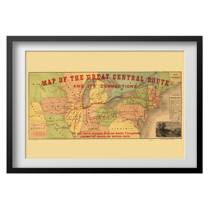 Great Central Route 1850s Railroad Map print in a black frame with a white mat