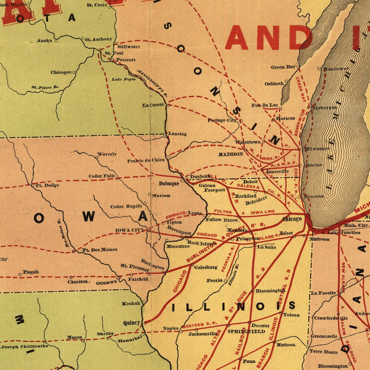 Close-up detail of the Great Central Route 1850s Railroad Map