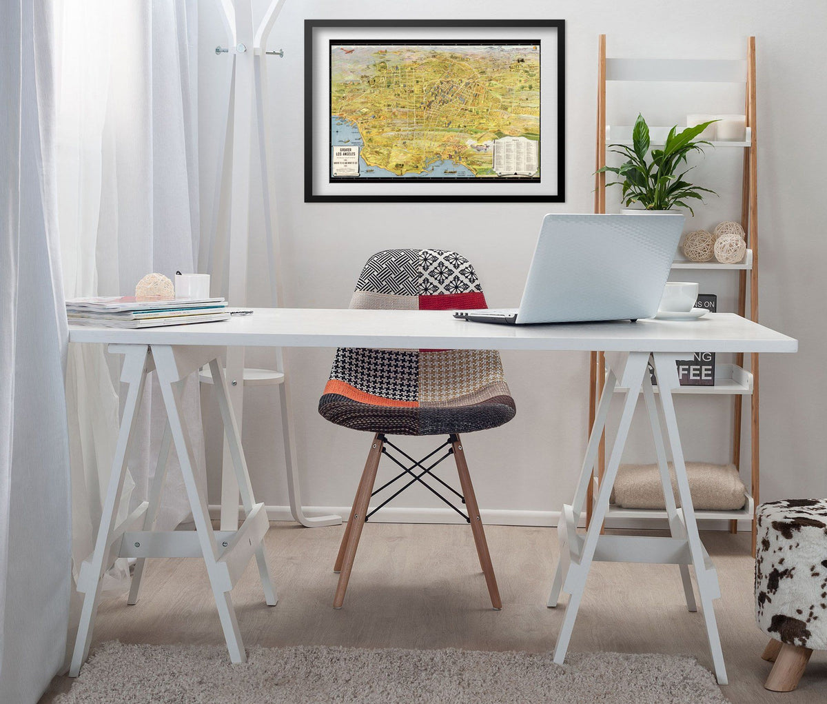 Greater Los Angeles 1930s Sightseeing Map print framed above a white desk in a home office