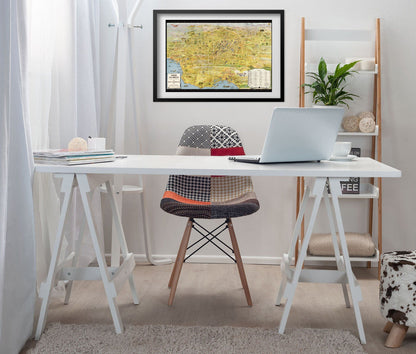 Greater Los Angeles 1930s Sightseeing Map print framed above a white desk in a home office