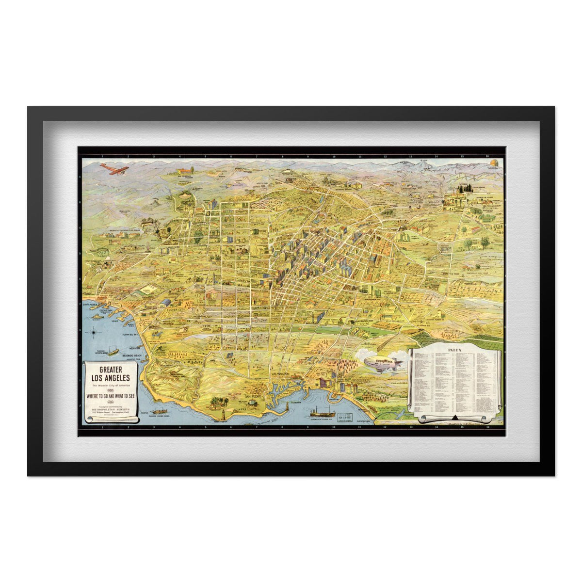 Greater Los Angeles 1930s Sightseeing Map print in a black frame with a white mat