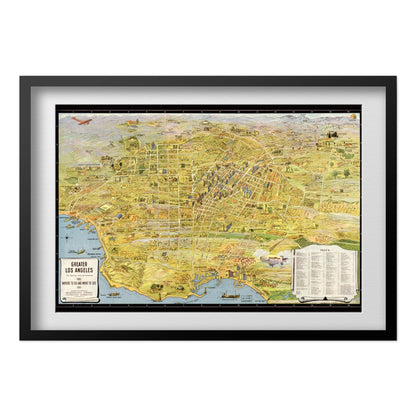 Greater Los Angeles 1930s Sightseeing Map print in a black frame with a white mat