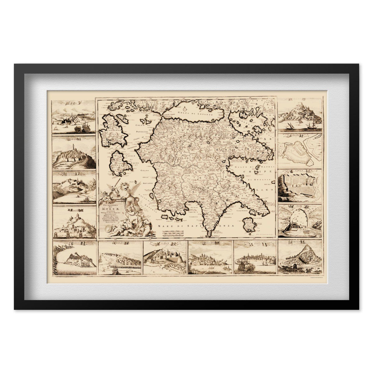 Greece & Greek Islands 1688 Map print in a black frame with a white mat