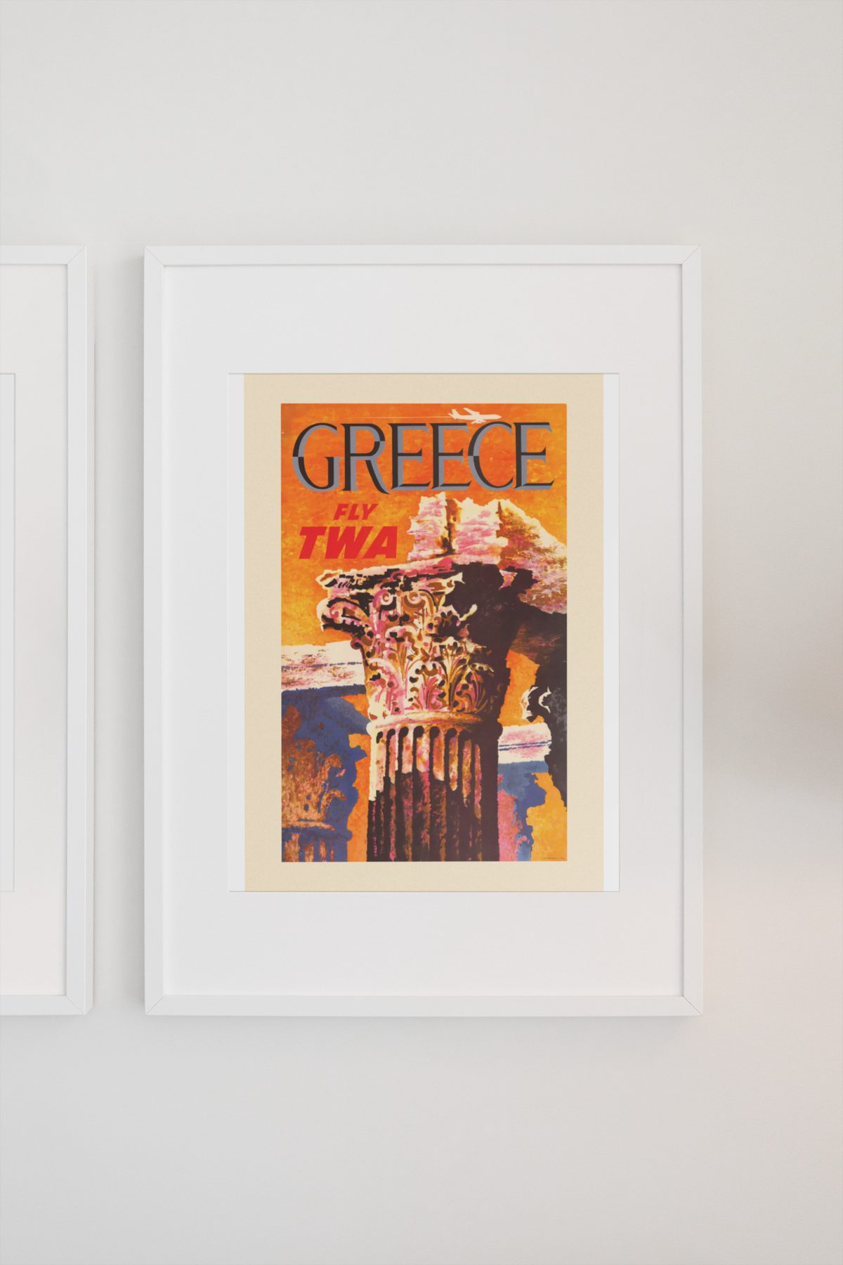 Greece Fly TWA 1960s poster on a light wall