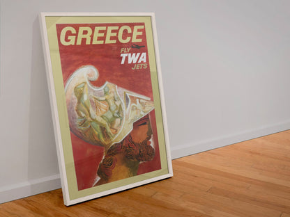 Greece Fly TWA Jets poster in a white frame leaning against a wall