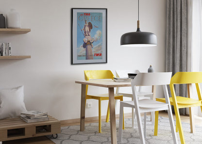 Greece Fly TWA 1955 poster framed above a dining table