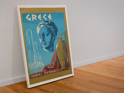 Greece Sources Thermales poster in a white frame leaning against a wall