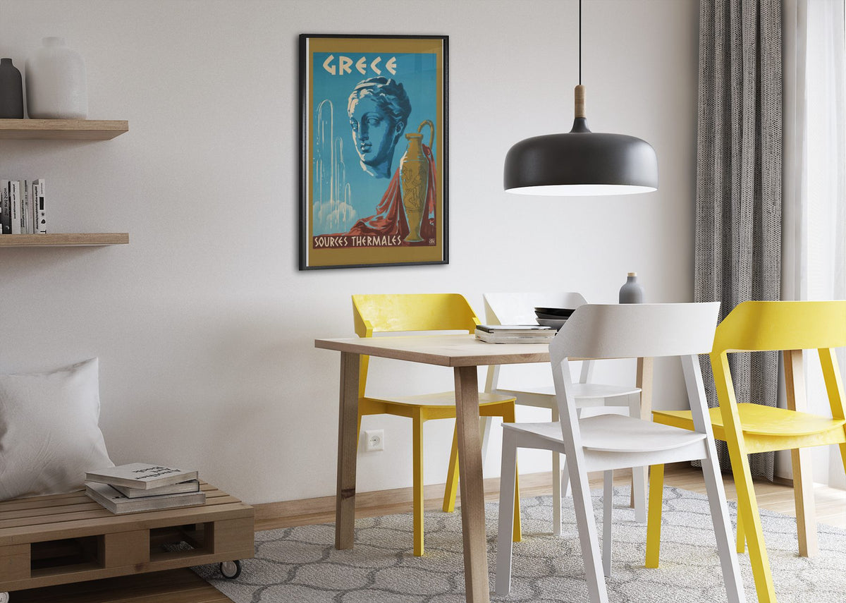 Greece Sources Thermales poster framed above a dining table