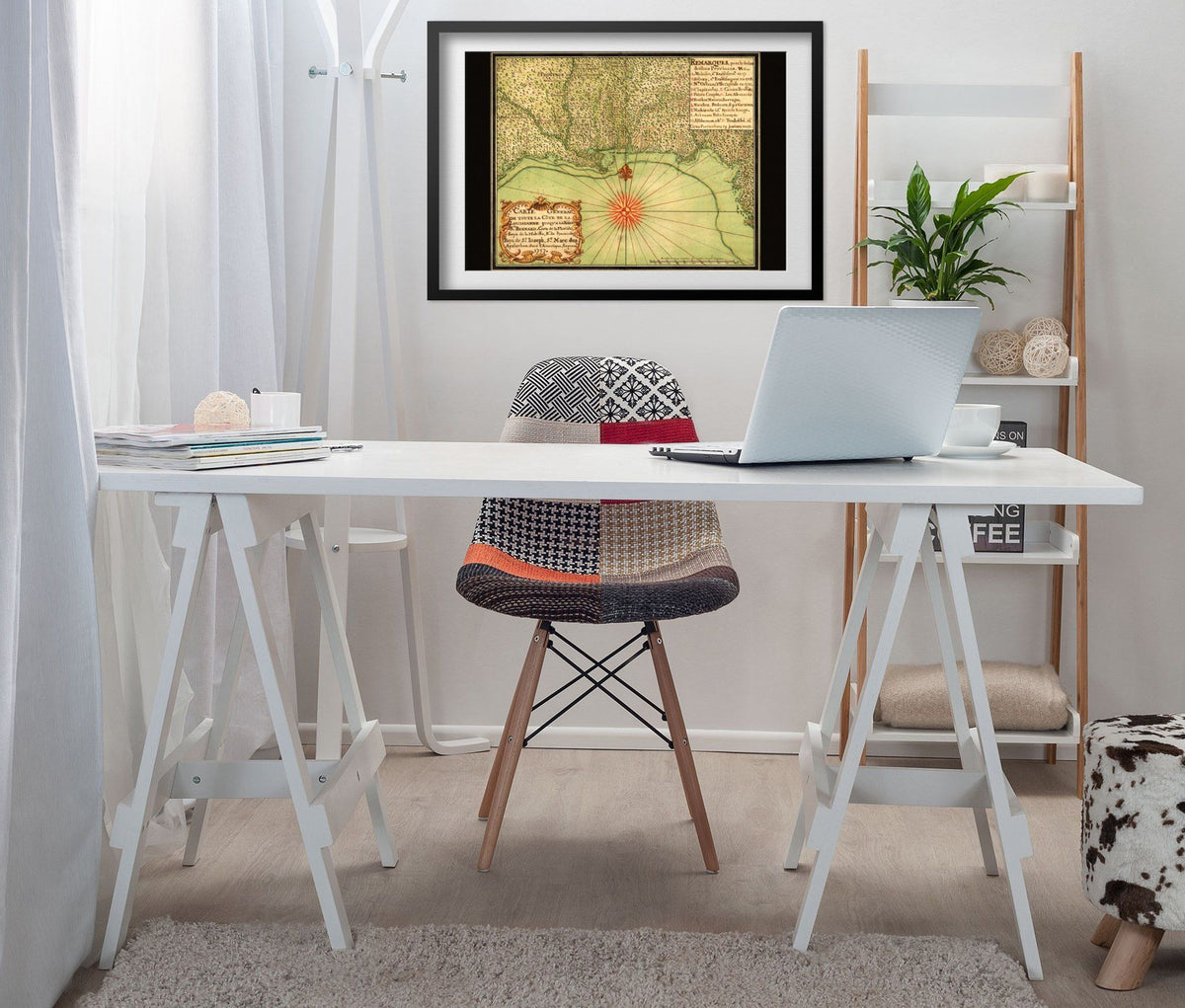 Gulf Coast 1740s Map print framed above a white desk in a home office