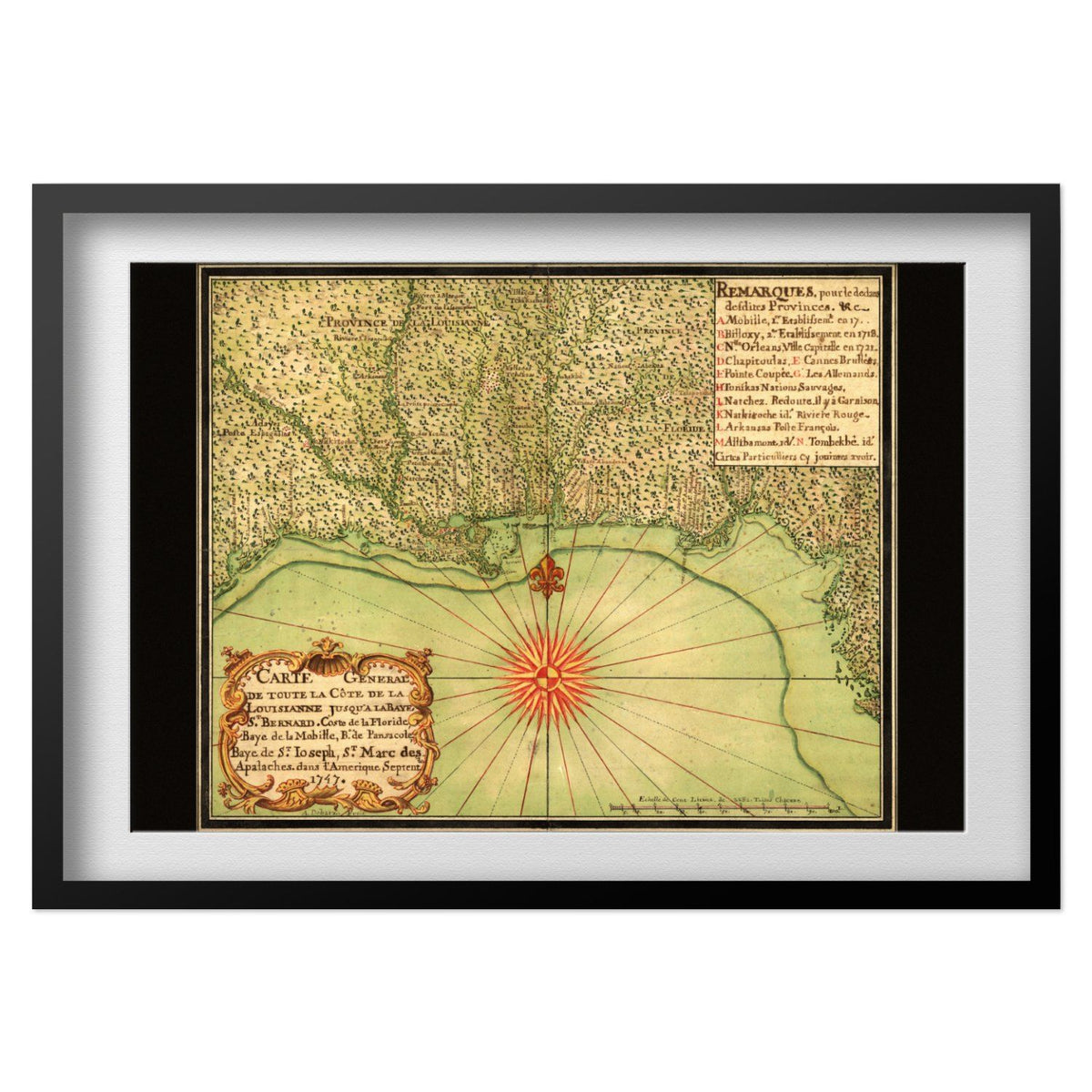 Gulf Coast 1740s Map print in a black frame with a white mat