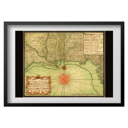 Gulf Coast 1740s Map print in a black frame with a white mat