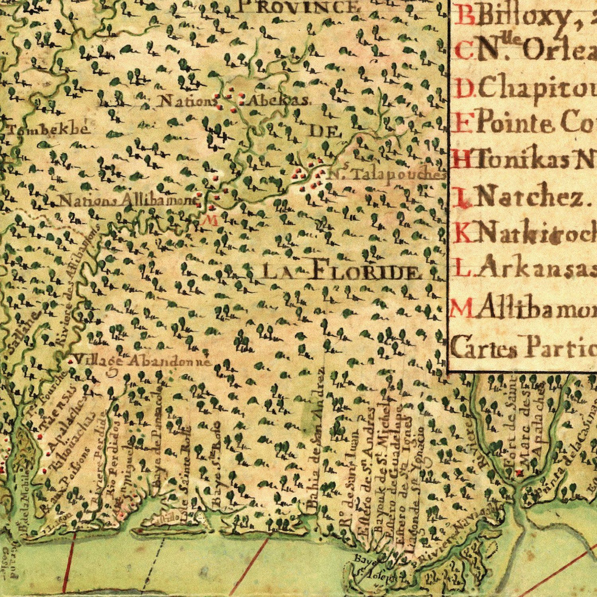 Close-up detail of the Gulf Coast 1740s Map