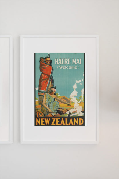 Haere Mai Welcome to New Zealand poster on a light wall