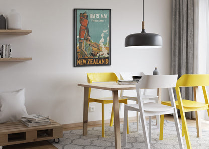 Haere Mai Welcome to New Zealand poster framed above a dining table