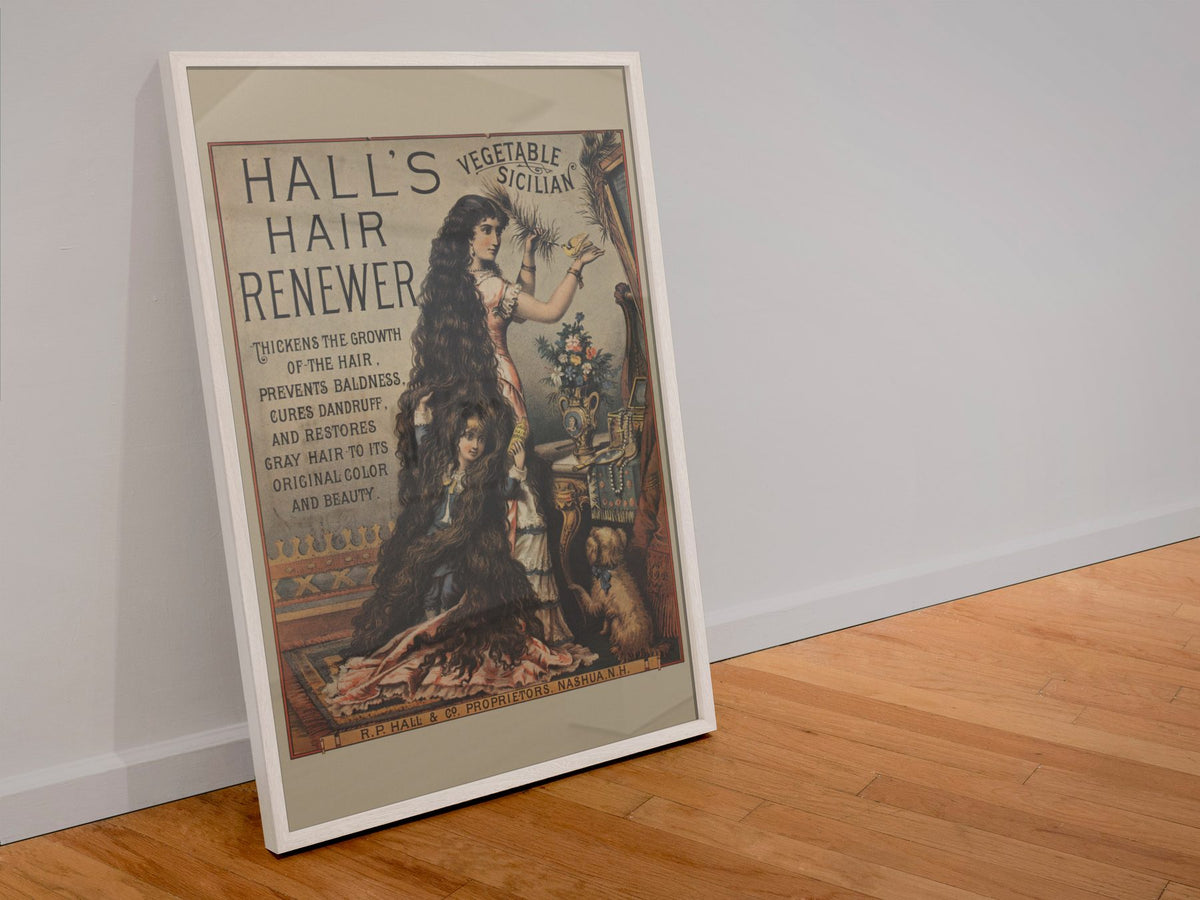 Halls Hair Renewer poster in a white frame leaning against a wall