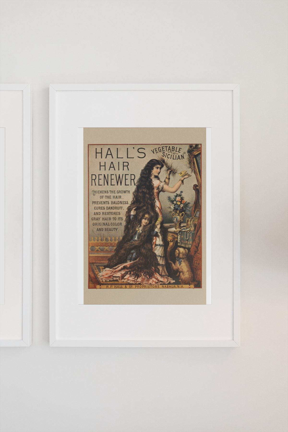 Halls Hair Renewer poster on a light wall