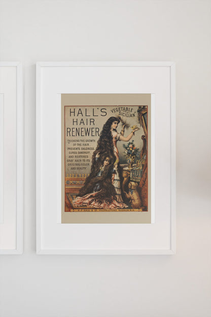Halls Hair Renewer poster on a light wall