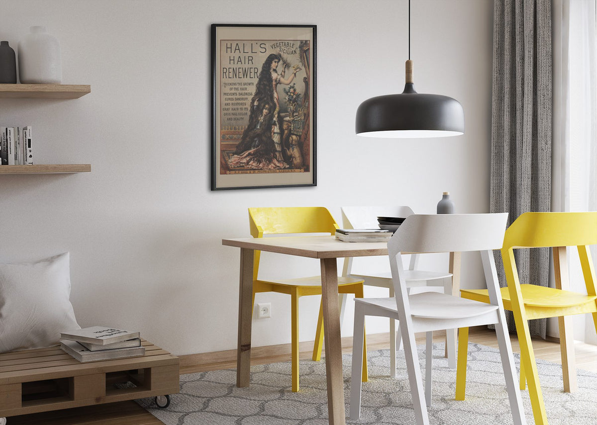 Halls Hair Renewer poster framed above a dining table