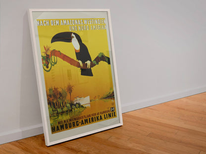 Hamburg Amerika Linie Amazon Toucan poster in a white frame leaning against a wall