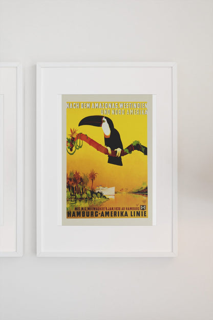 Hamburg Amerika Linie Amazon Toucan poster on a light wall