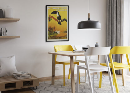 Hamburg Amerika Linie Amazon Toucan poster framed above a dining table