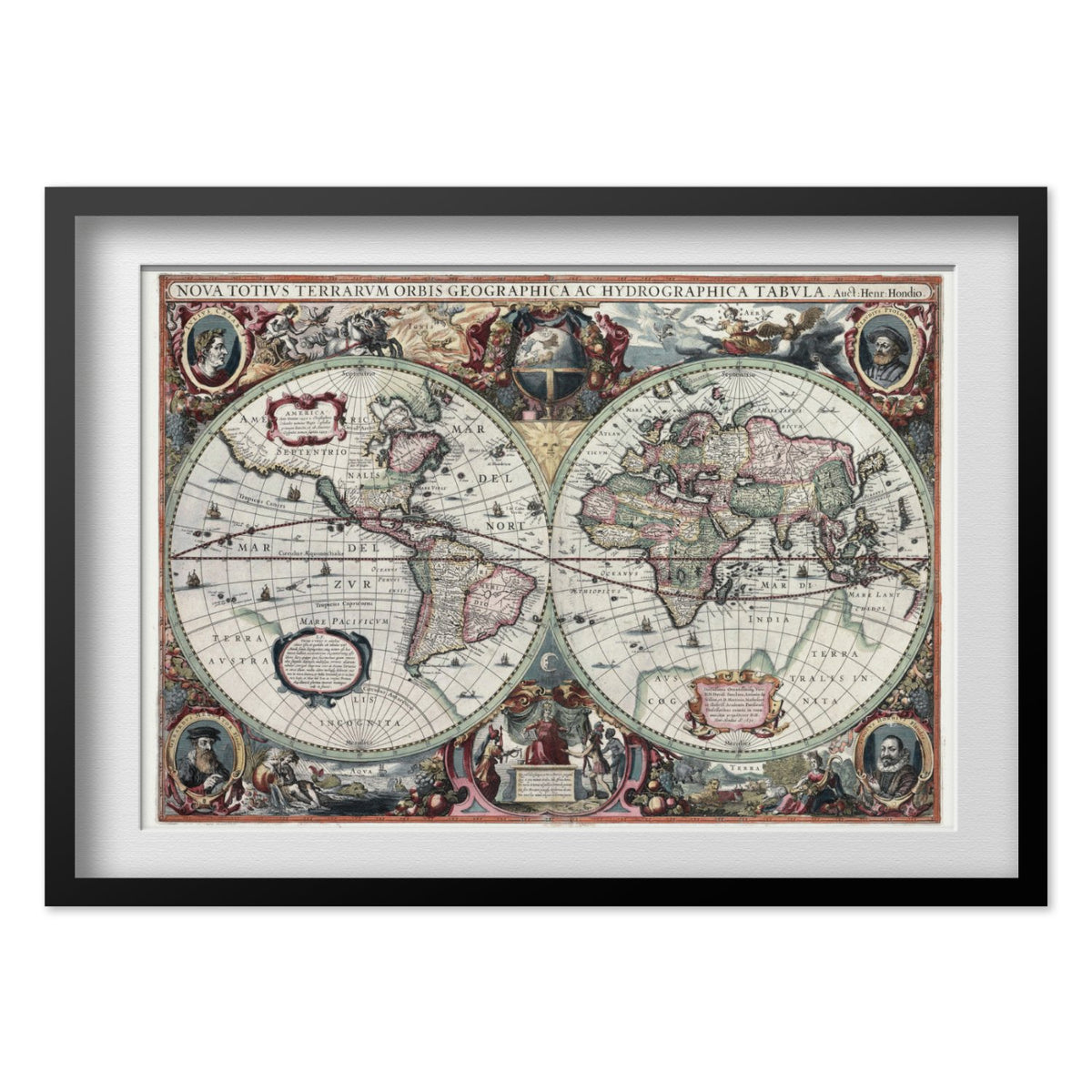 Hand-Coloured World Map 1630 print in a black frame