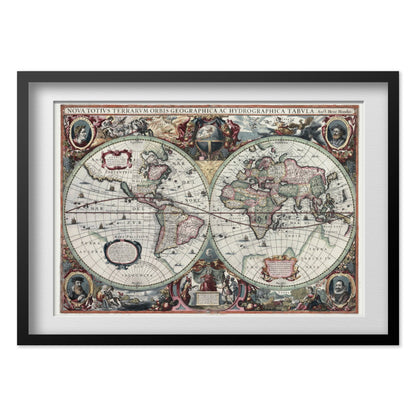 Hand-Coloured World Map 1630 print in a black frame