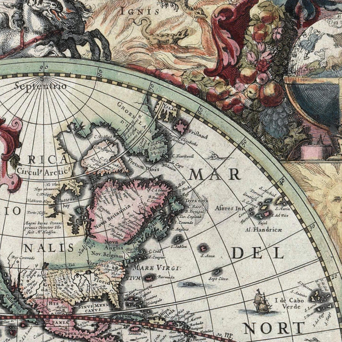 Close-up detail of the Hand-Coloured World Map 1630 print