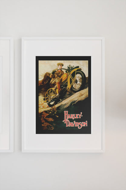 Harley-Davidson 1920s poster in a white frame on a light wall